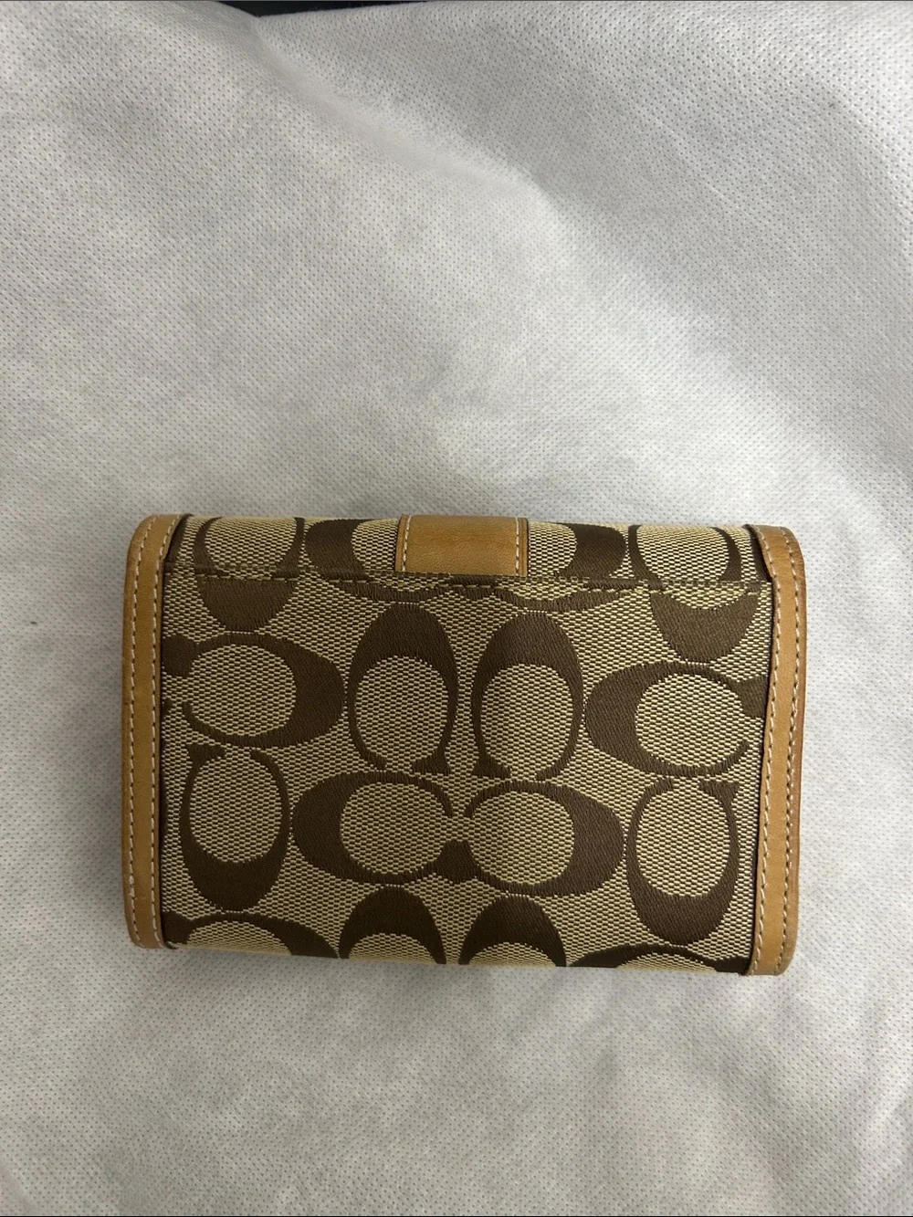 Coach Leather Ware Brown Signature Canvas Fold Wallet with Tan Leather Trim